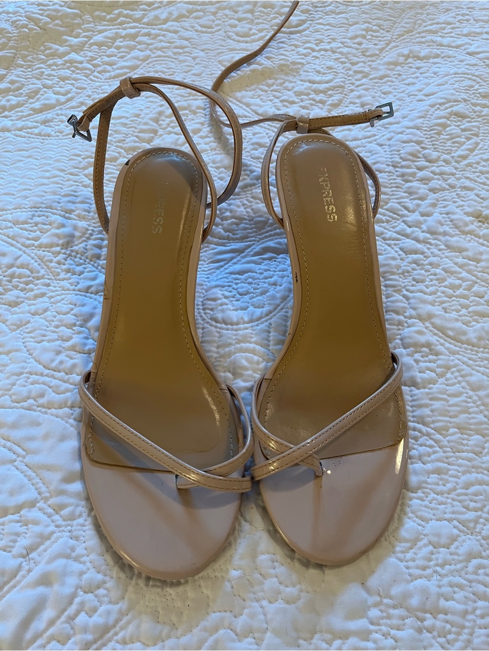 Express Patent Nude Strappy Ankle-Heel Sandals